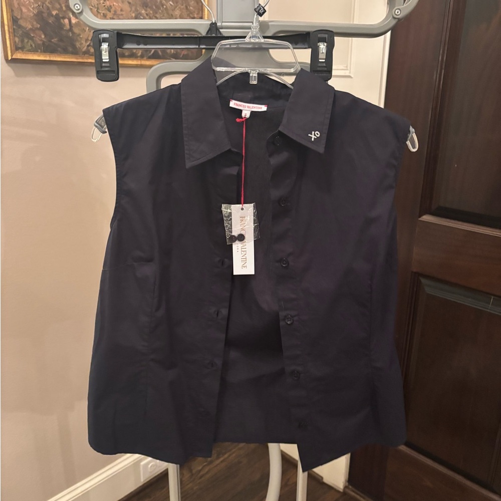 Navy Sleeveless Button-Up Shirt